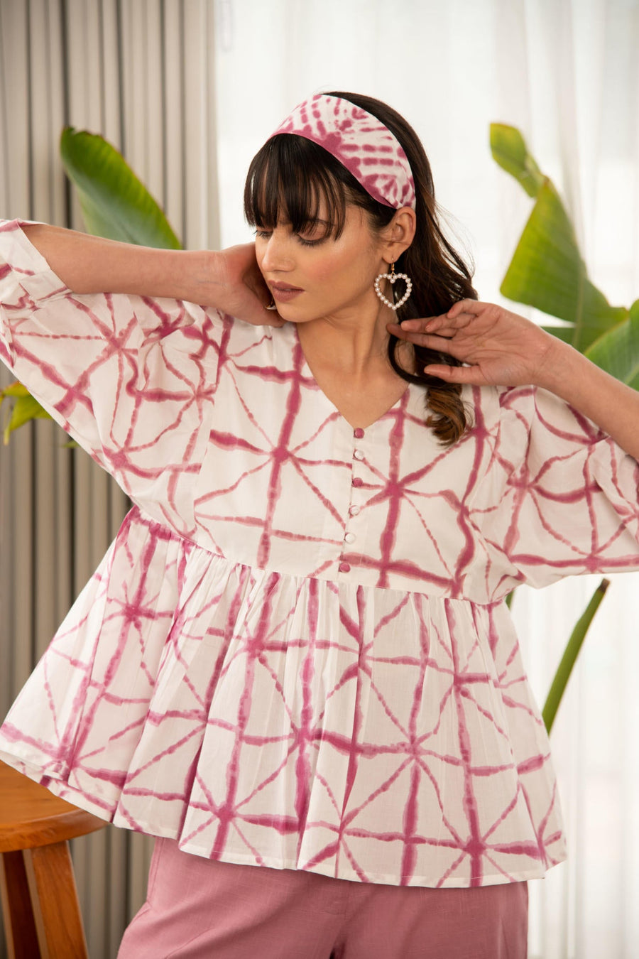 Mauve and White Shibori Print Loose Fit Top