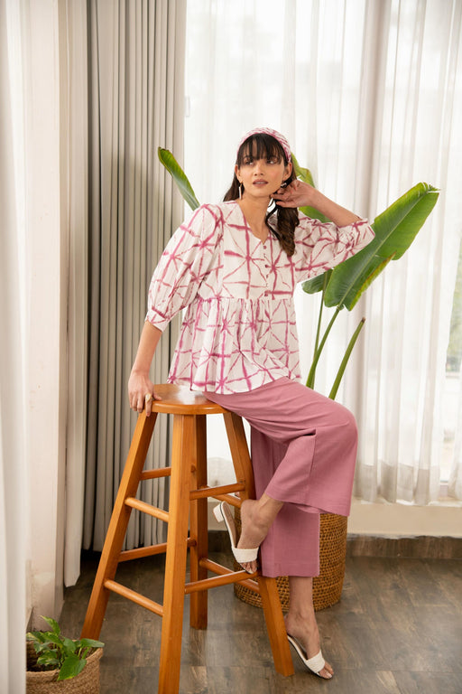 Mauve and White Shibori Print Loose Fit Top