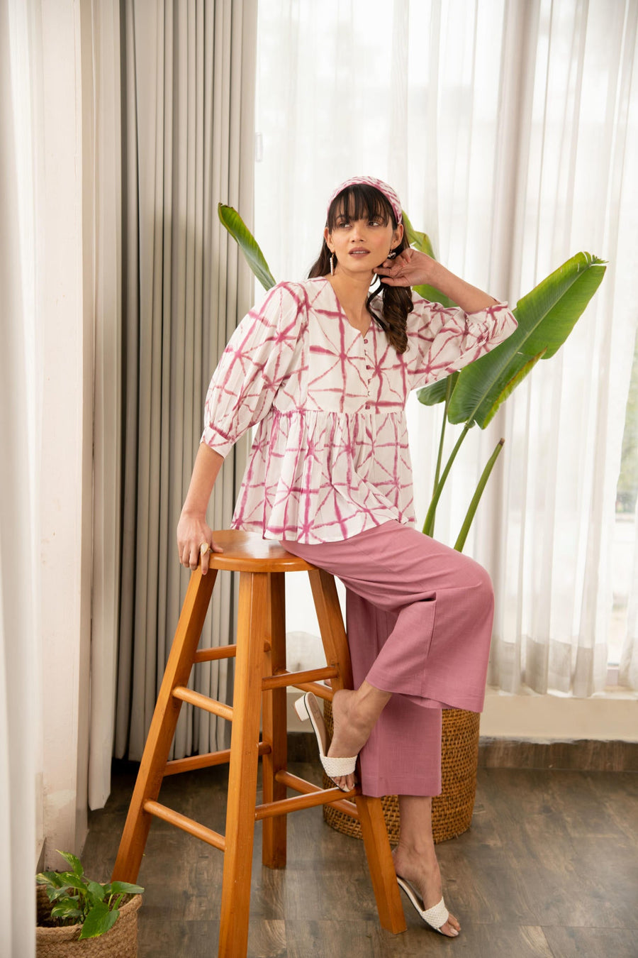 Mauve and White Shibori Print Loose Fit Top