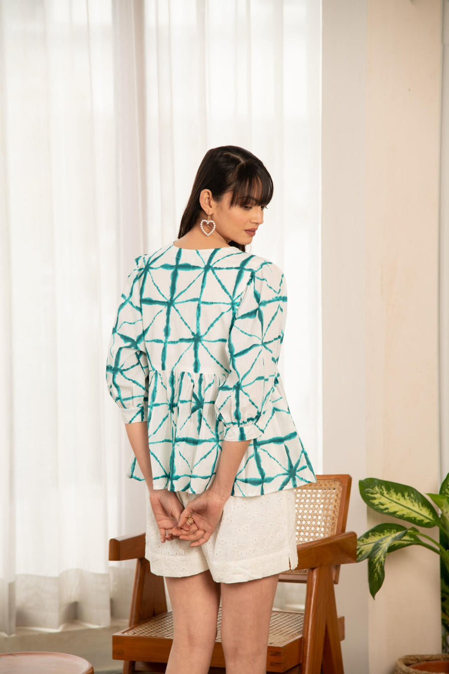 Green and White Shibori Print Loose Fit Top