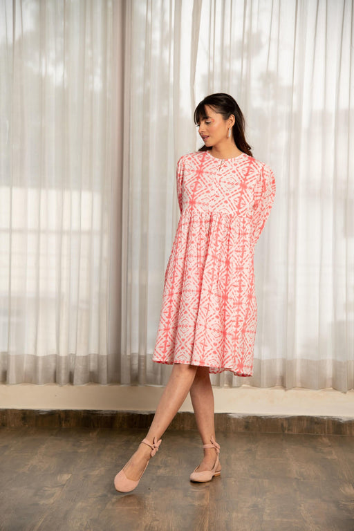 Pink Shibori Print Loose Fit Gathered Dress