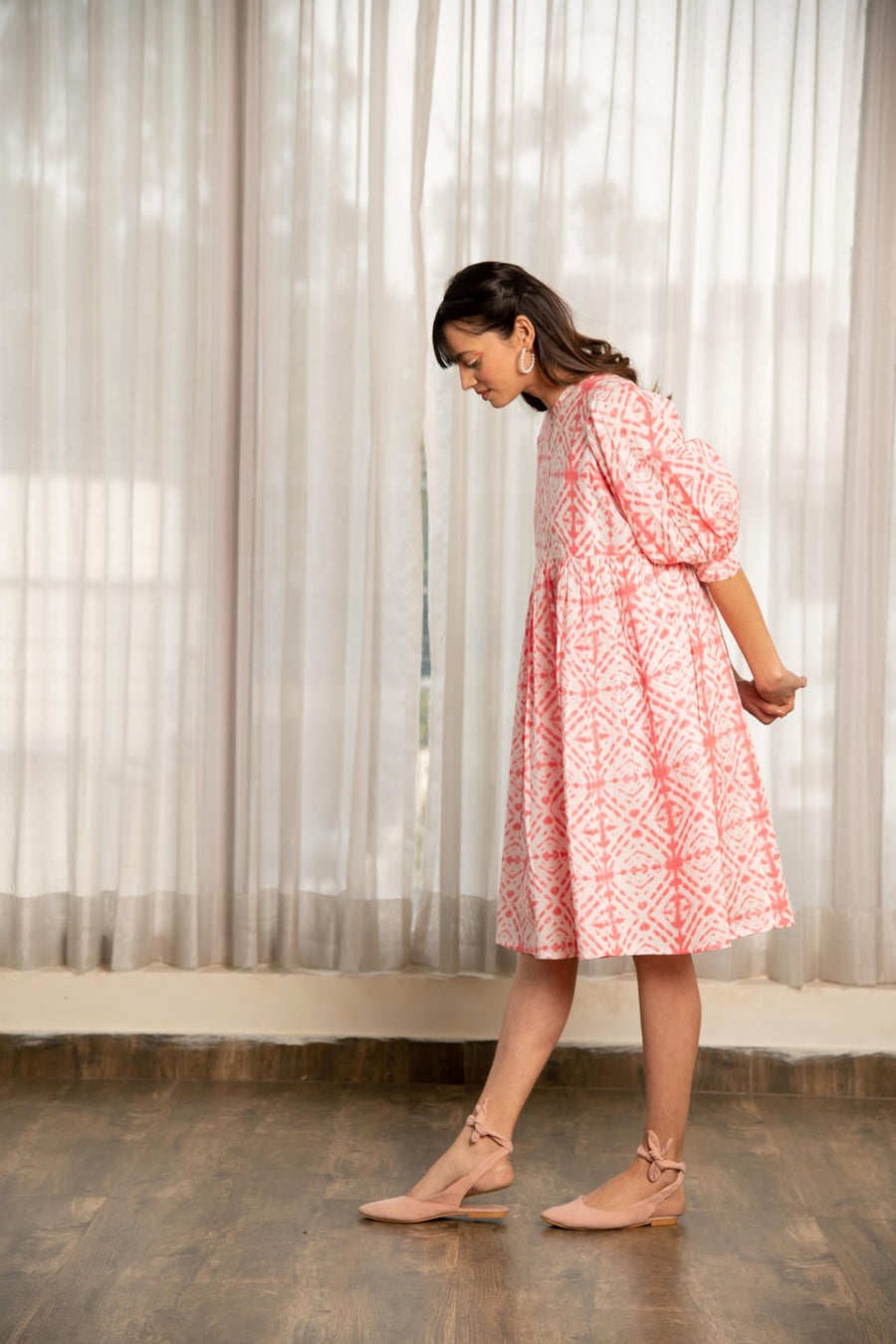 Pink Shibori Print Loose Fit Gathered Dress