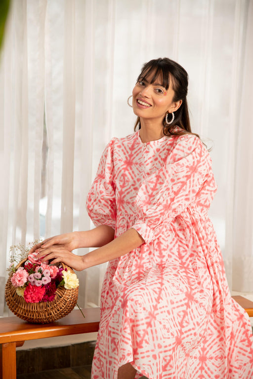 Pink Shibori Print Loose Fit Gathered Dress