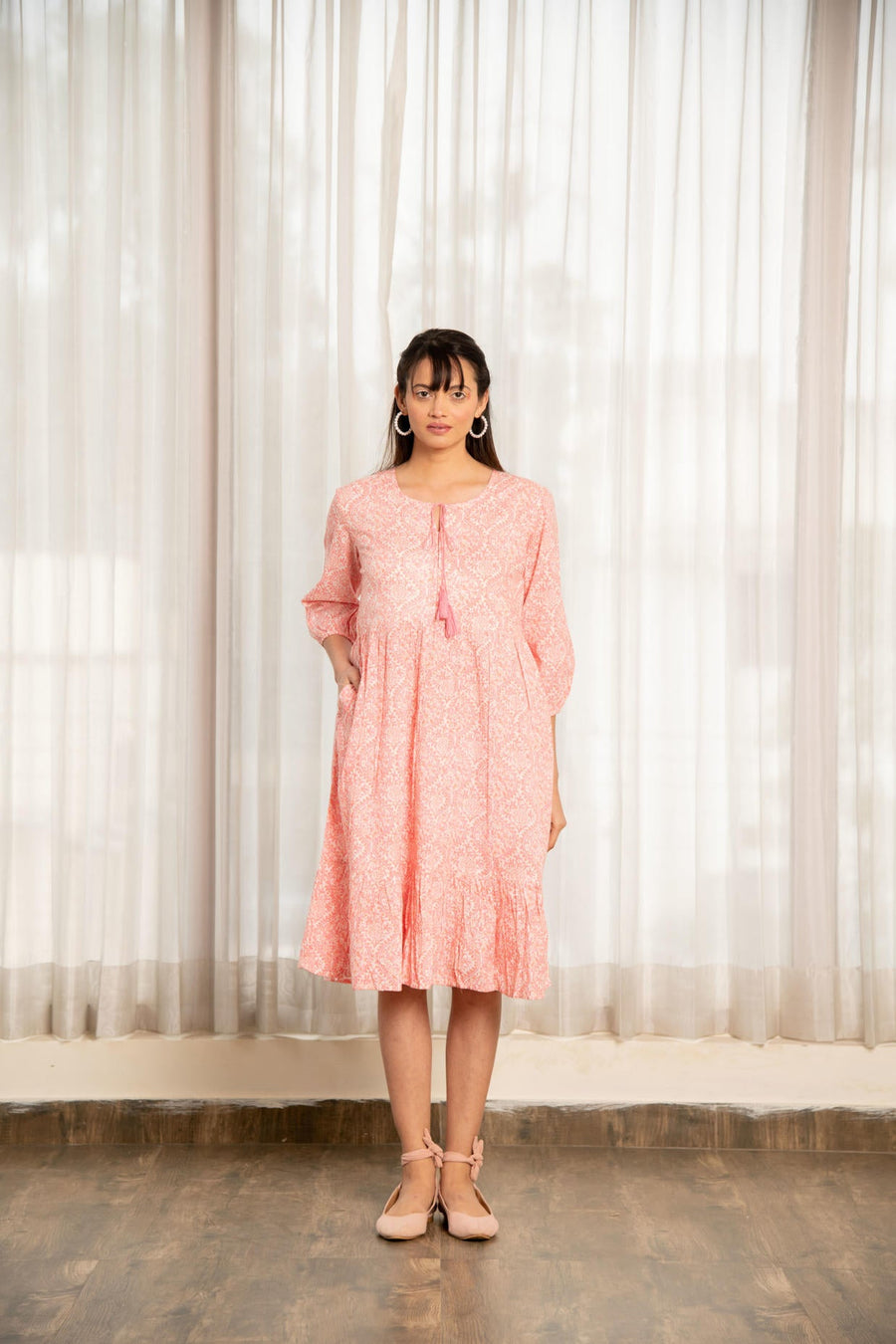 Pink Floral Print Gathered Dress