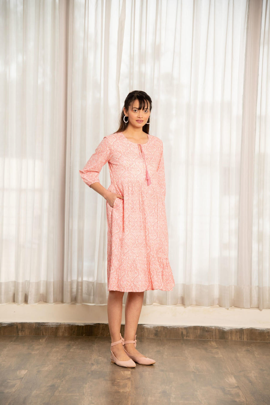 Pink Floral Print Gathered Dress
