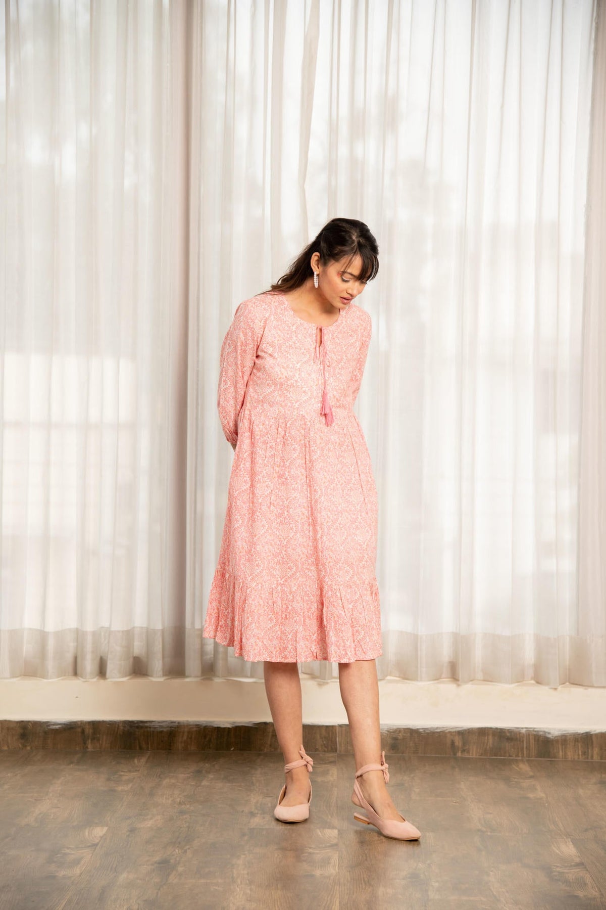 Pink Floral Print Gathered Dress