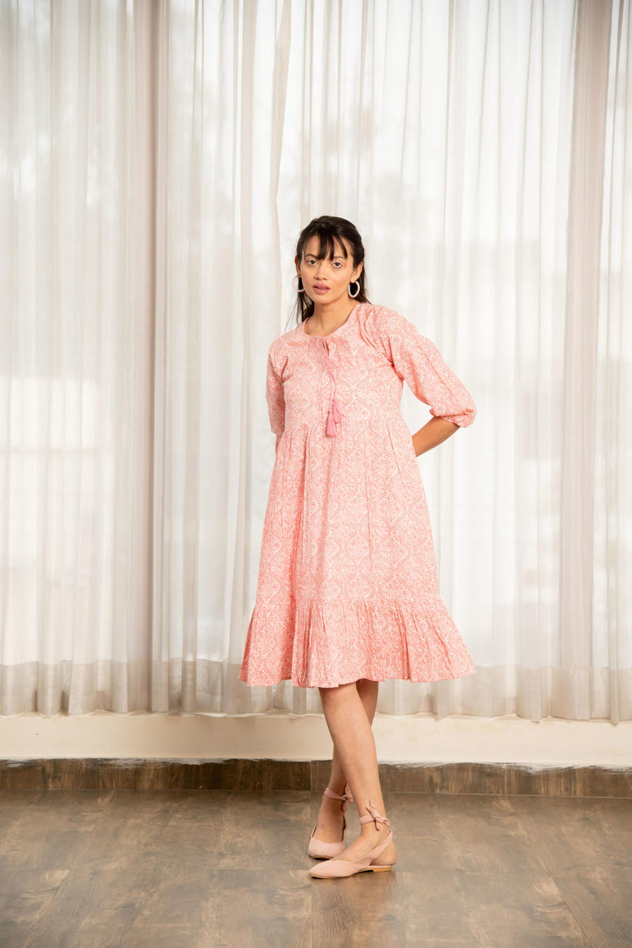 Pink Floral Print Gathered Dress