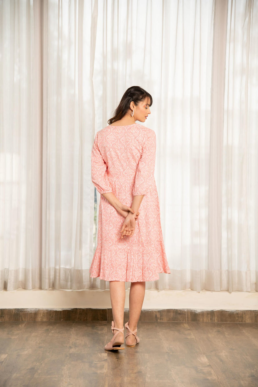 Pink Floral Print Gathered Dress