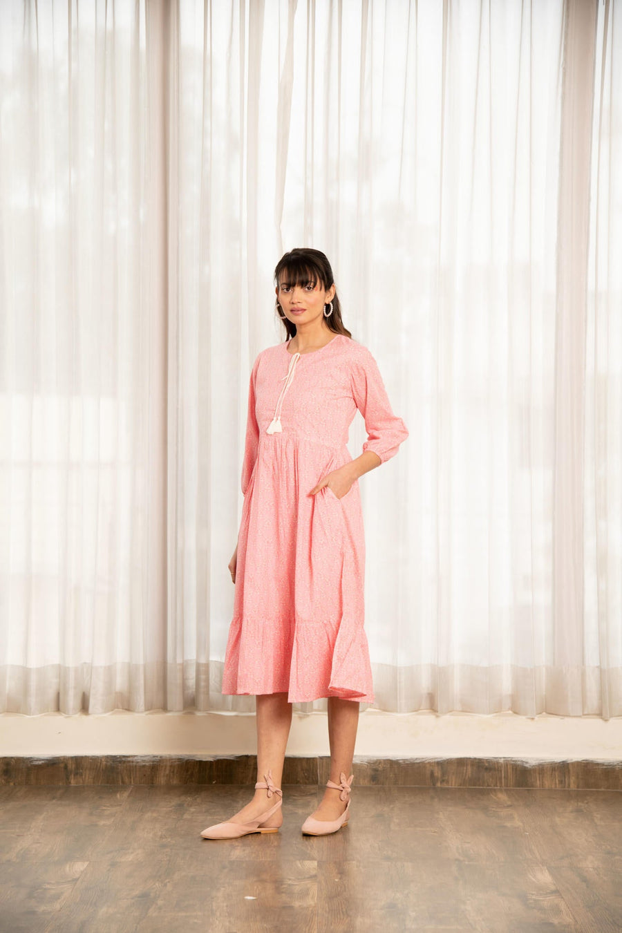 Light Pink Floral Print Gathered Dress