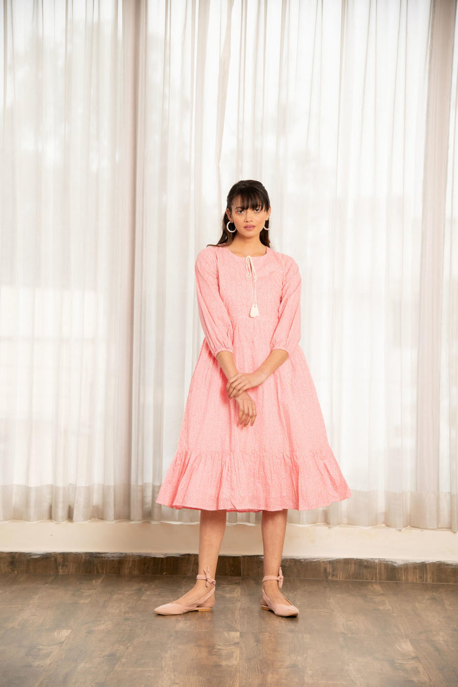 Light Pink Floral Print Gathered Dress