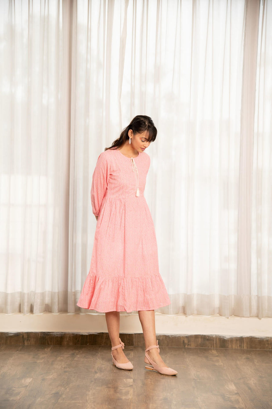 Light Pink Floral Print Gathered Dress
