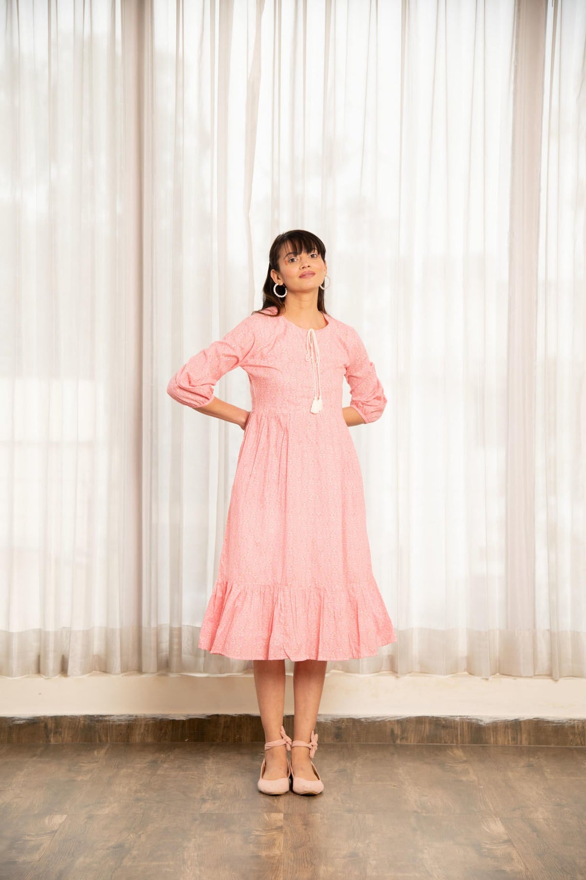 Light Pink Floral Print Gathered Dress