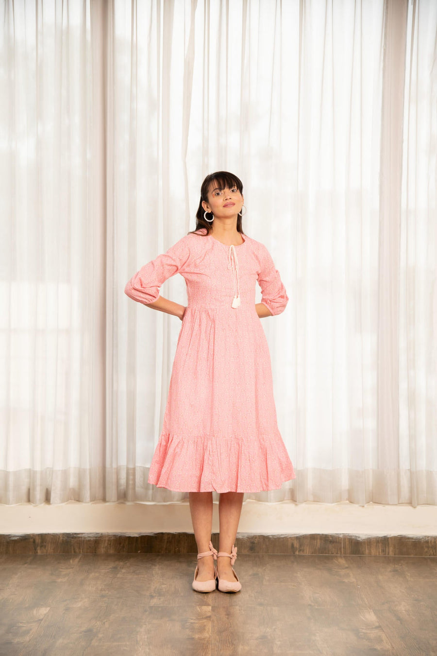 Light Pink Floral Print Gathered Dress