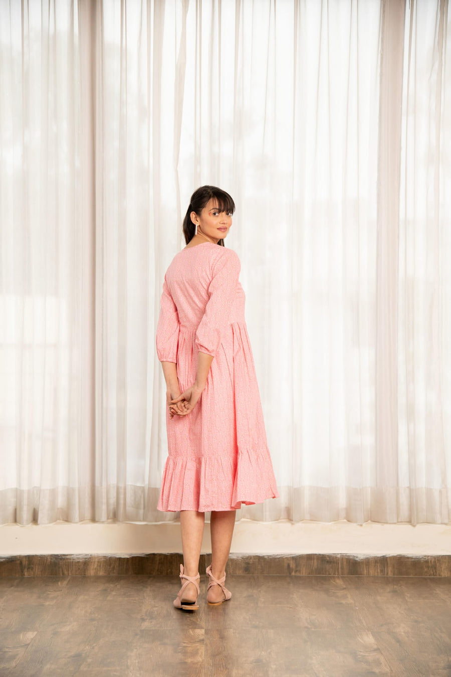 Light Pink Floral Print Gathered Dress