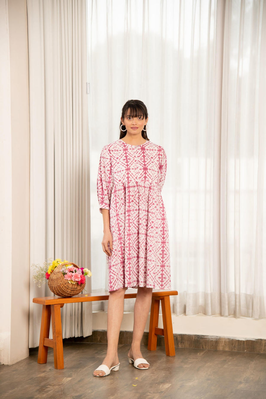 Mauve Shibori Print Loose Fit Gathered Dress
