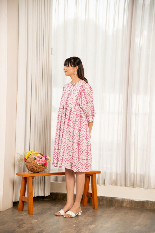 Mauve Shibori Print Loose Fit Gathered Dress