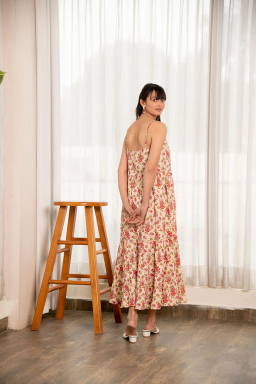 Cream Red Floral Print Gathered Dress
