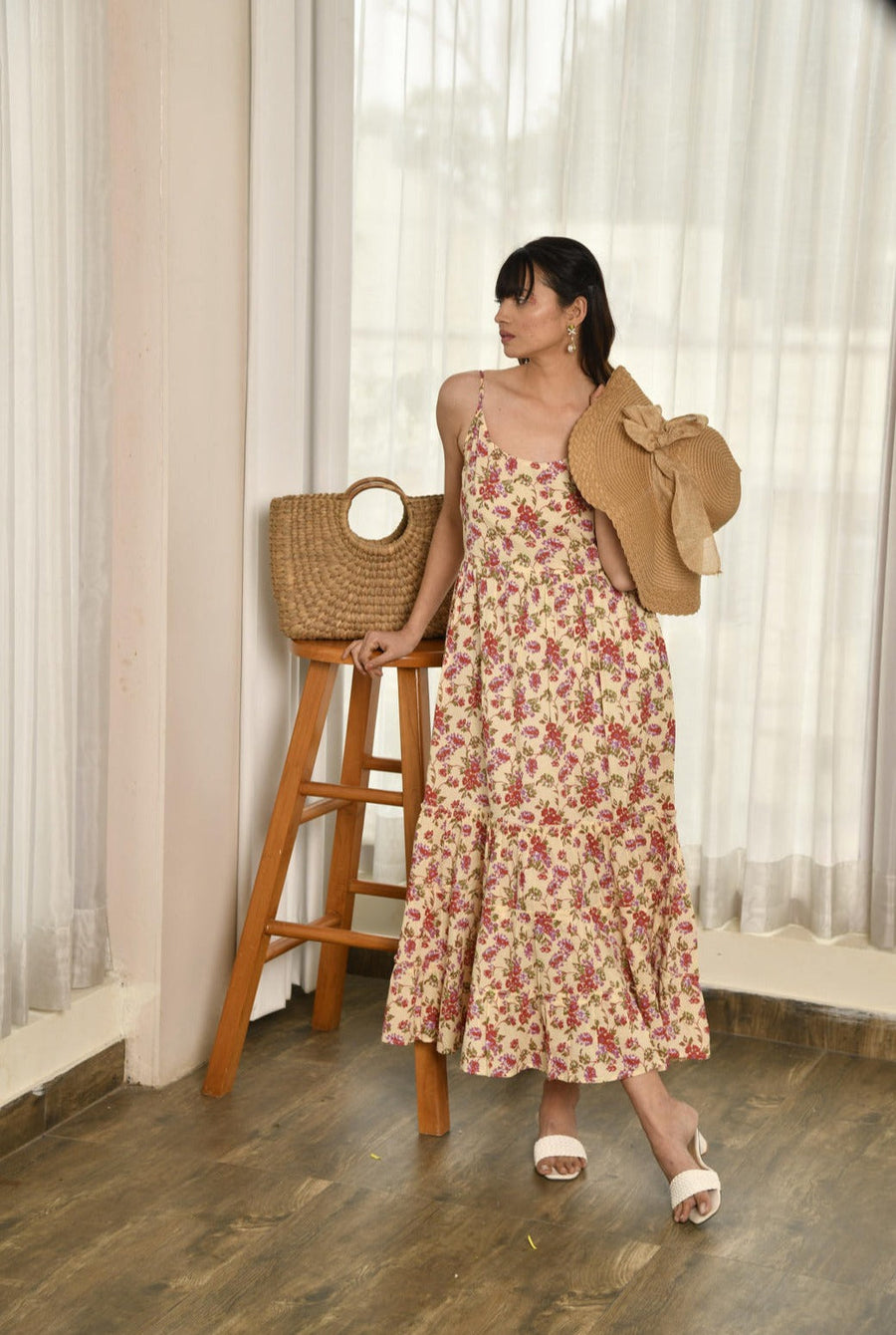 Cream Red Floral Print Gathered Dress