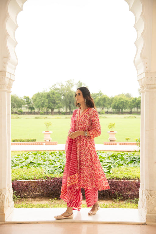 Rani pink Mulmul Kurta Pant Dupatta Set