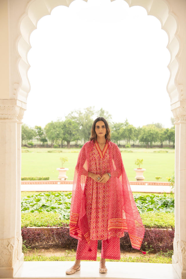 Rani pink Mulmul Kurta Pant Dupatta Set