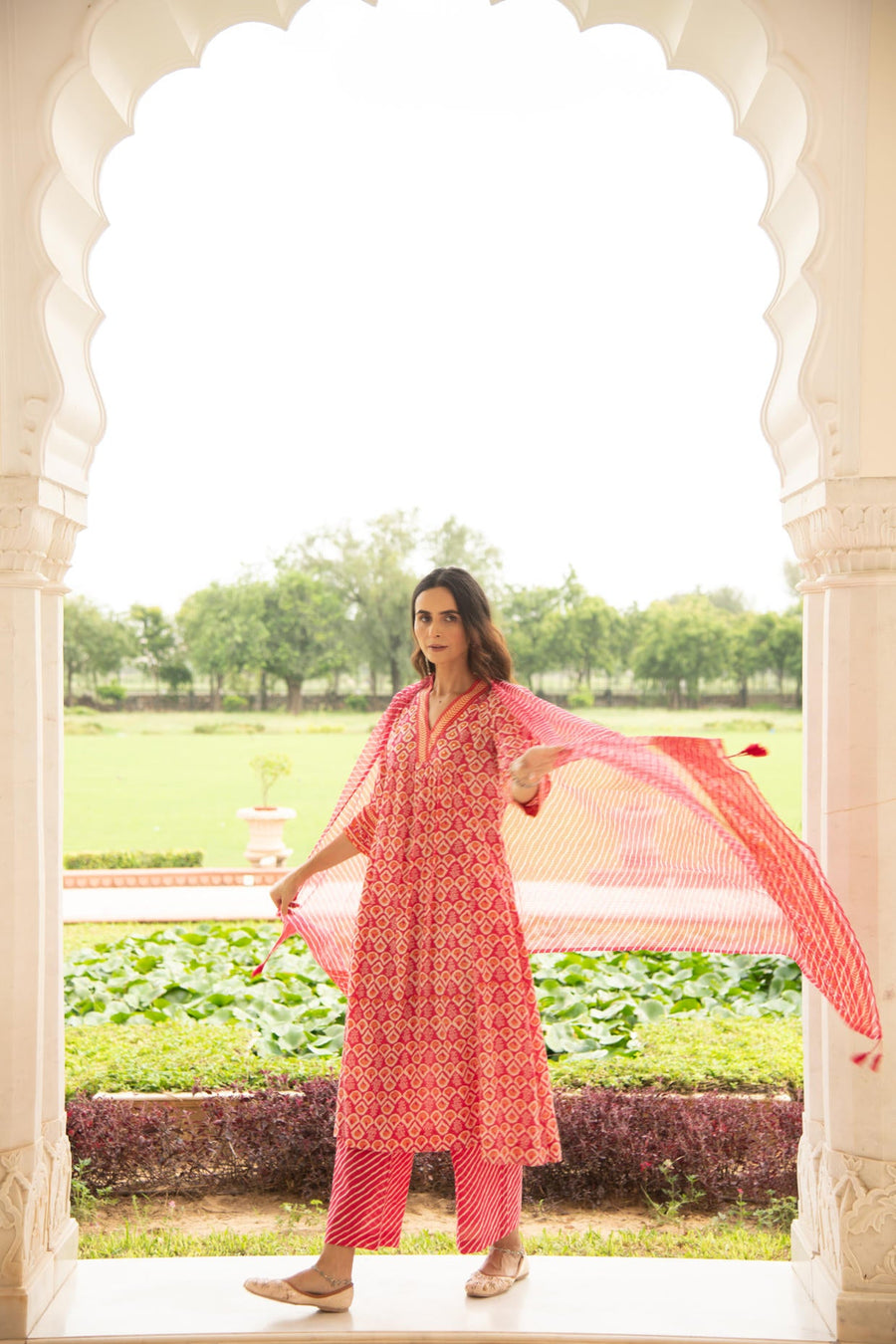 Rani pink Mulmul Kurta Pant Dupatta Set