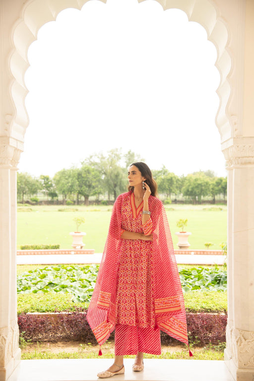 Rani pink Mulmul Kurta Pant Dupatta Set
