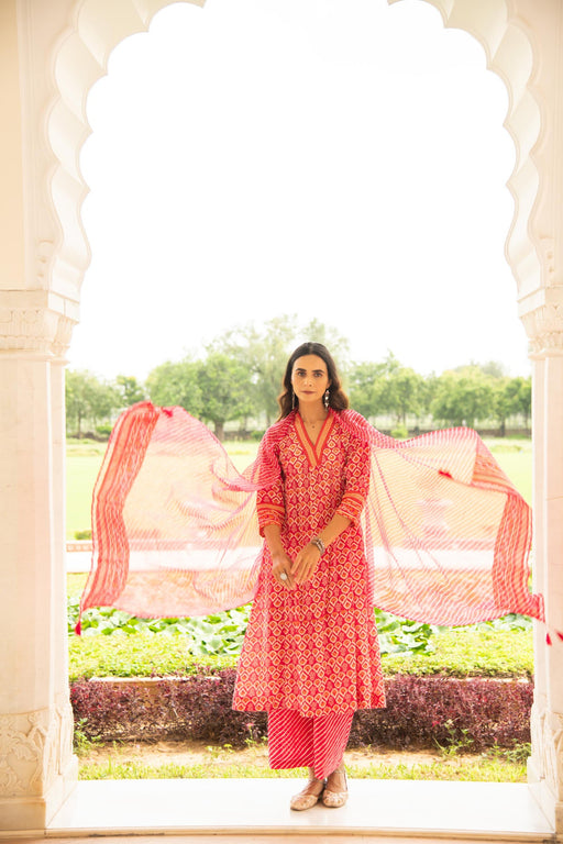 Rani pink Mulmul Kurta Pant Dupatta Set
