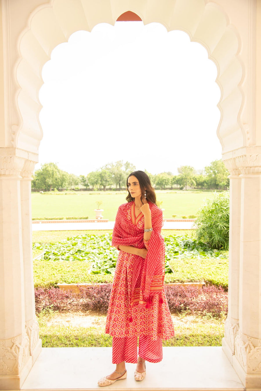 Rani pink Mulmul Kurta Pant Dupatta Set