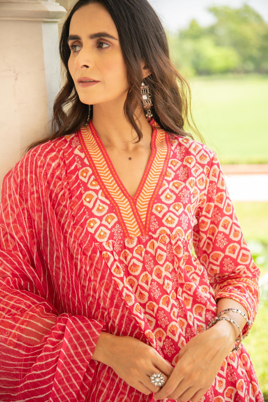 Rani pink Mulmul Kurta Pant Dupatta Set