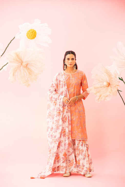Orange Floral Printed Cotton Kurta Sharara Dupatta Set