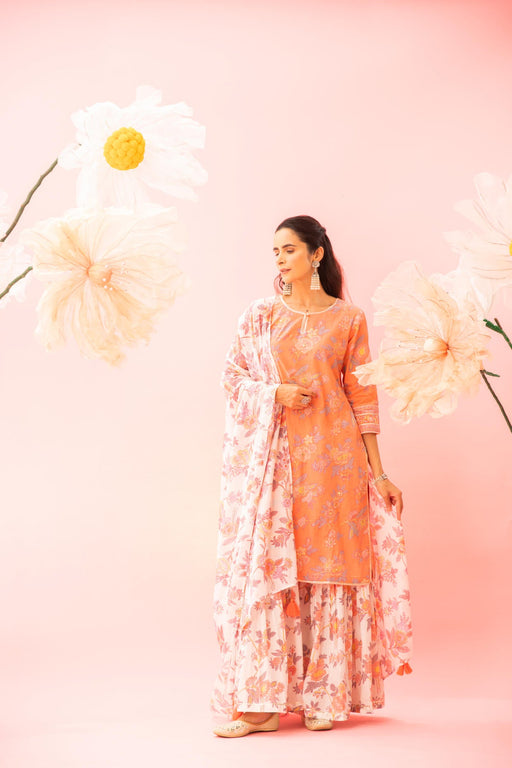 Orange Floral Printed Cotton Kurta Sharara Dupatta Set