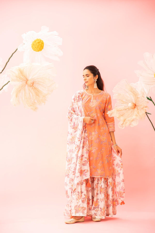 Orange Floral Printed Cotton Kurta Sharara Dupatta Set