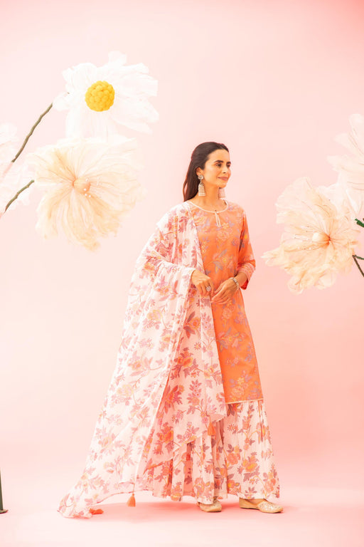 Orange Floral Printed Cotton Kurta Sharara Dupatta Set