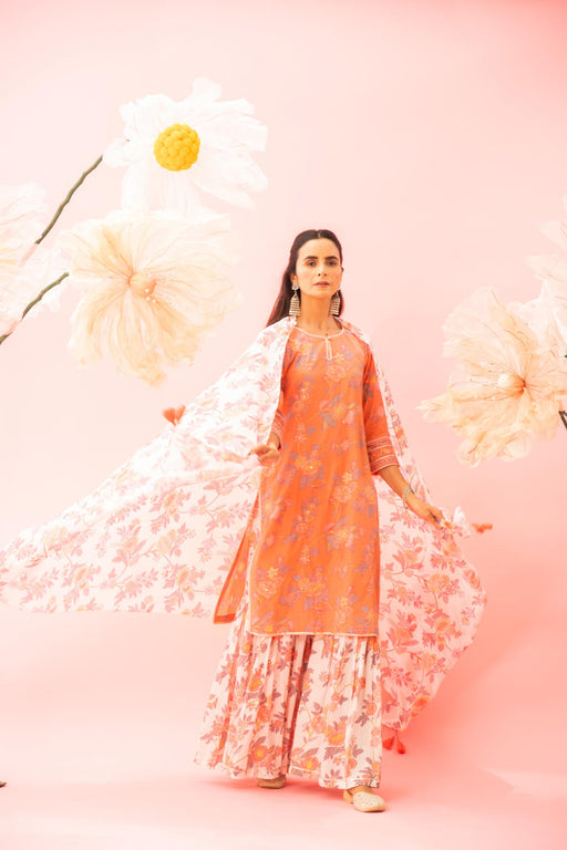 Orange Floral Printed Cotton Kurta Sharara Dupatta Set