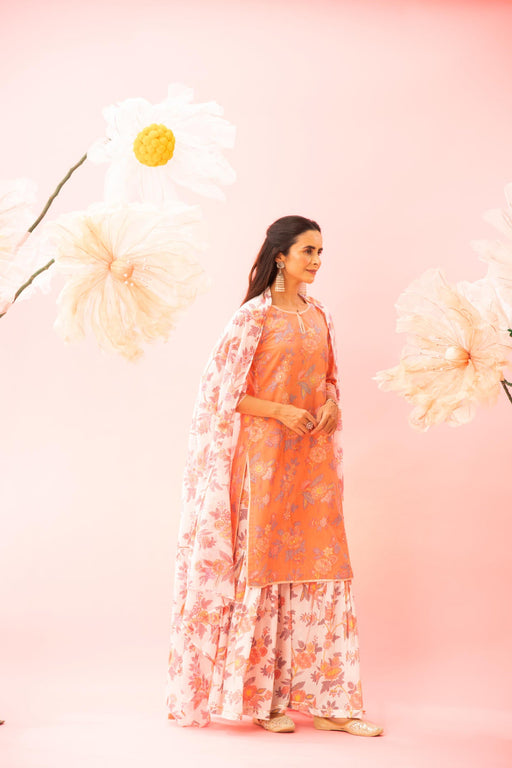 Orange Floral Printed Cotton Kurta Sharara Dupatta Set