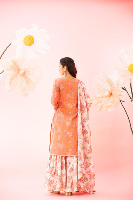 Orange Floral Printed Cotton Kurta Sharara Dupatta Set
