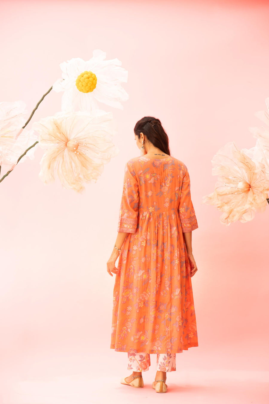 Orange Floral Printed A-Line Kurta Palazzo Dupatta Set