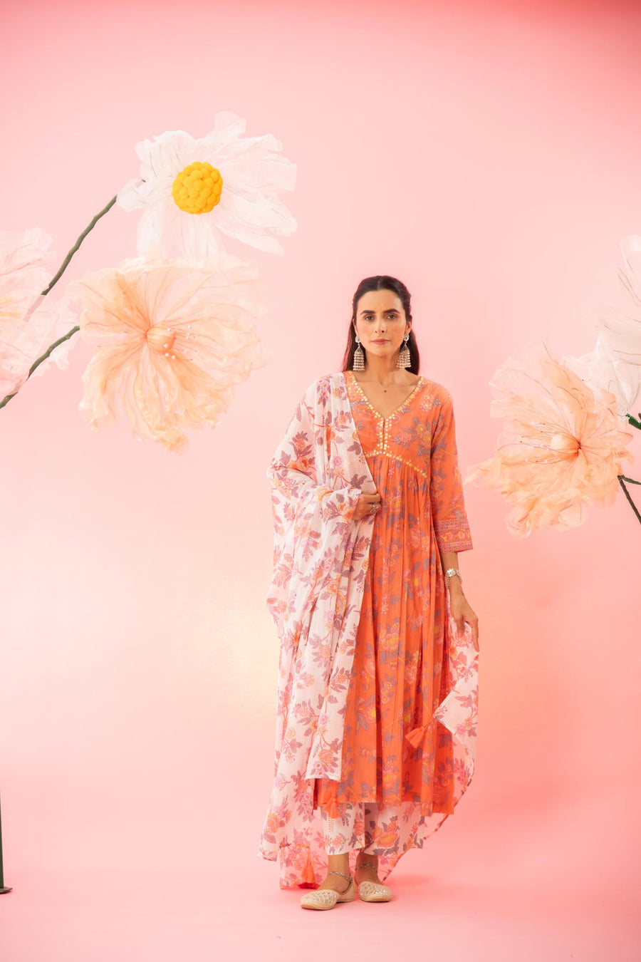 Orange Floral Printed A-Line Kurta Palazzo Dupatta Set