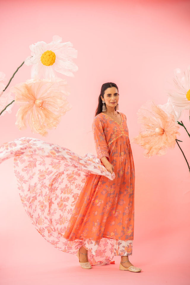 Orange Floral Printed A-Line Kurta Palazzo Dupatta Set