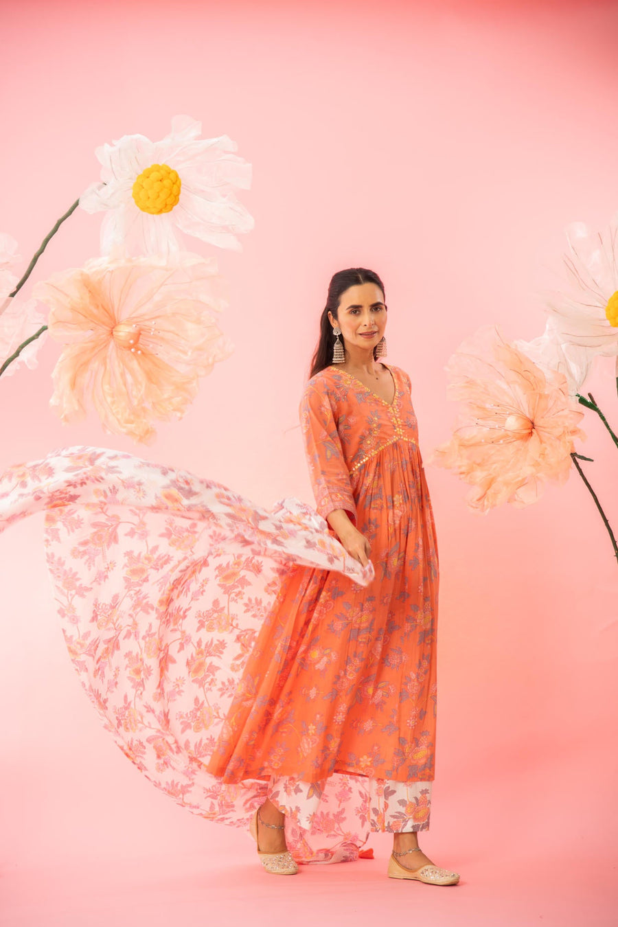 Orange Floral Printed A-Line Kurta Palazzo Dupatta Set
