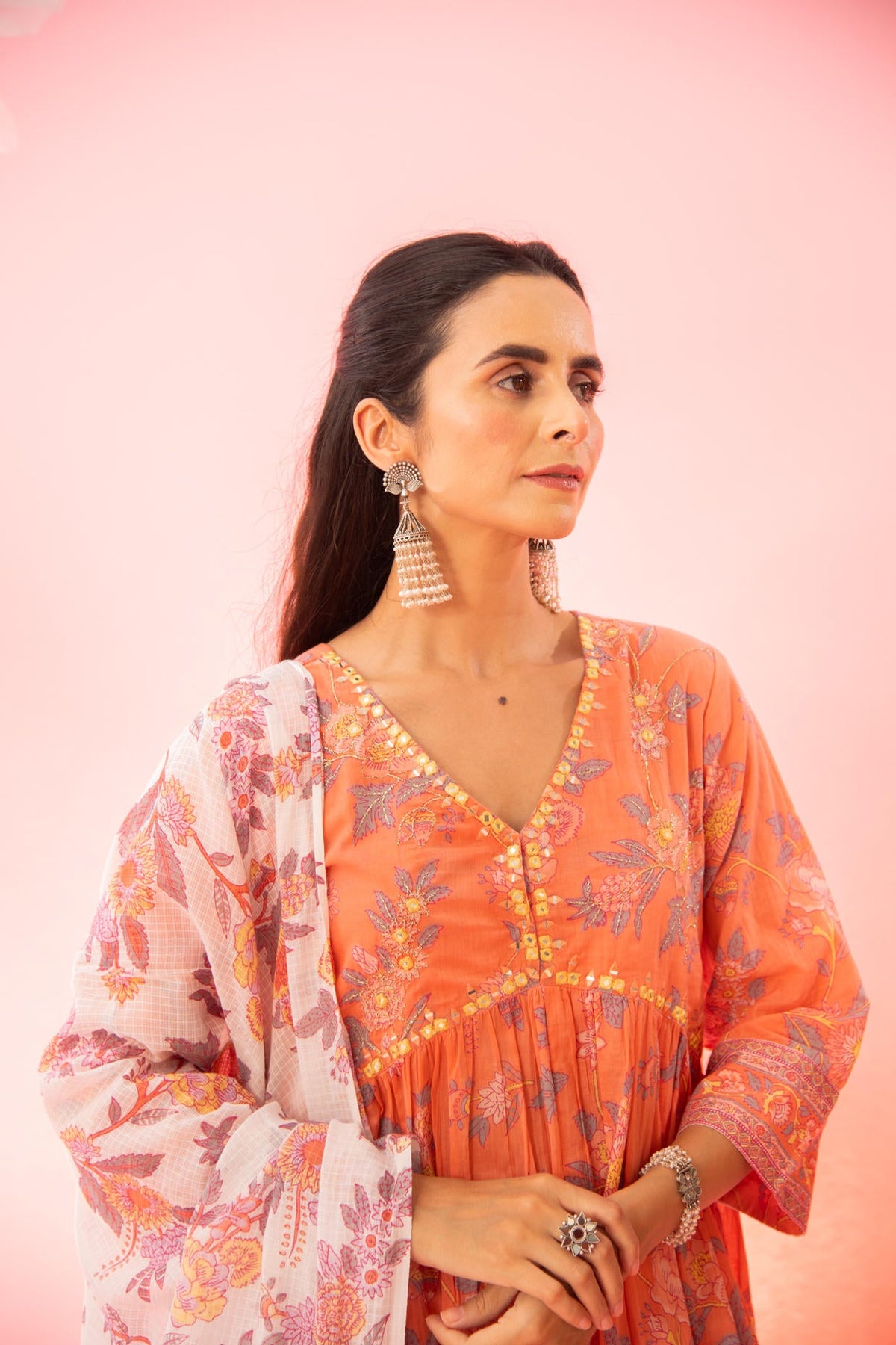 Orange Floral Printed A-Line Kurta Palazzo Dupatta Set