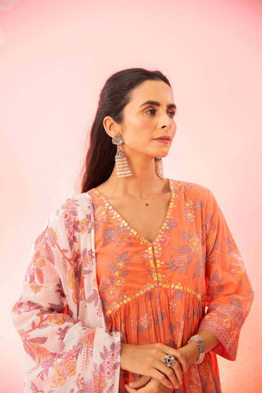 Orange Floral Printed A-Line Kurta Palazzo Dupatta Set