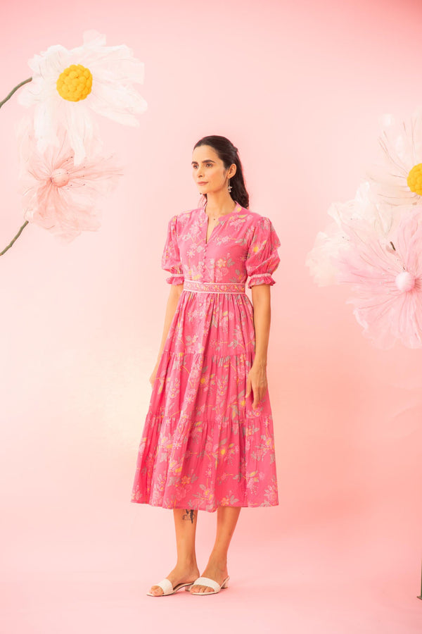 Pink Printed Tiered Maxi Dress with a Belt
