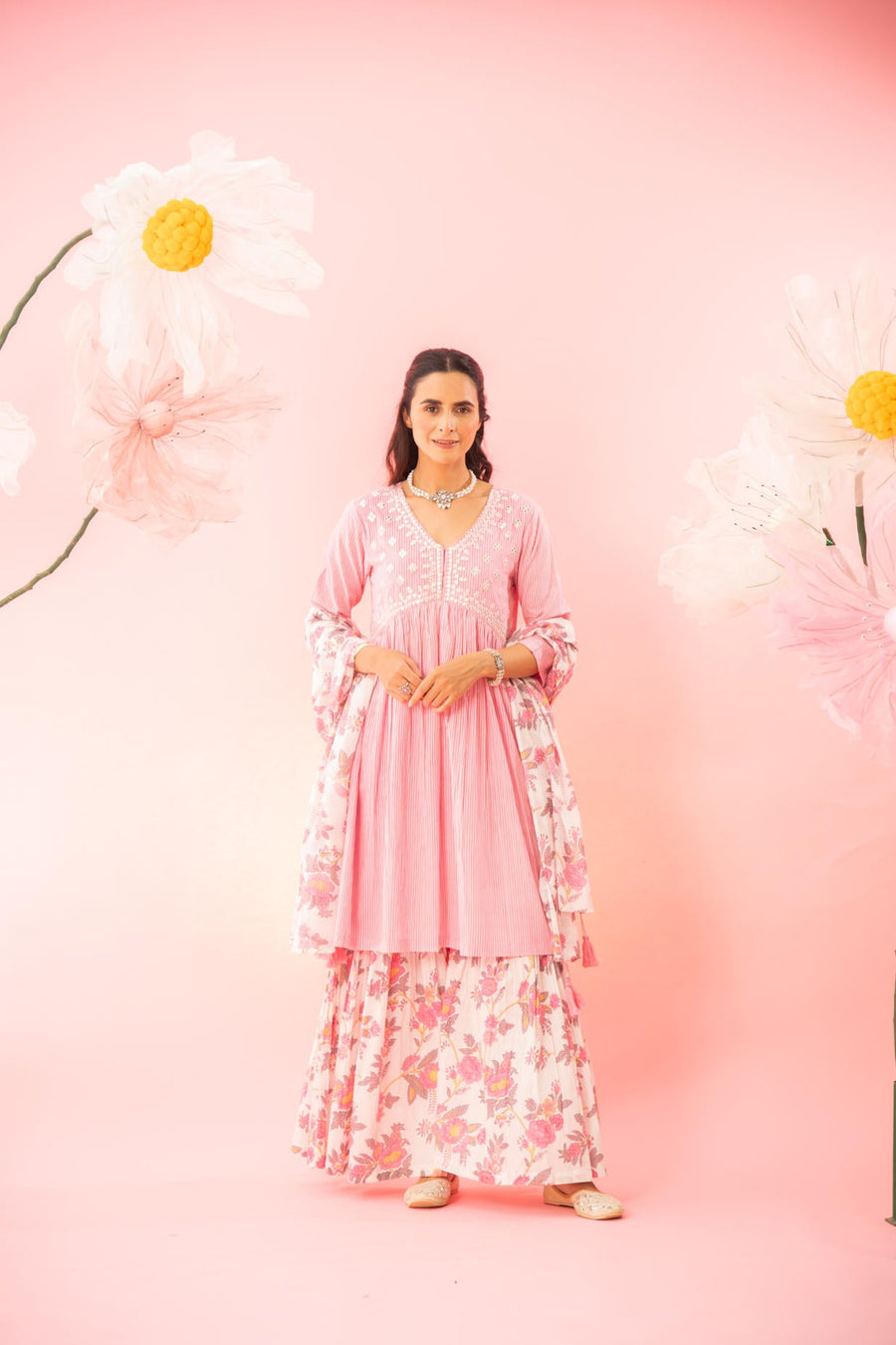 Pastel Pink Cotton Kurta Sharara Dupatta Set