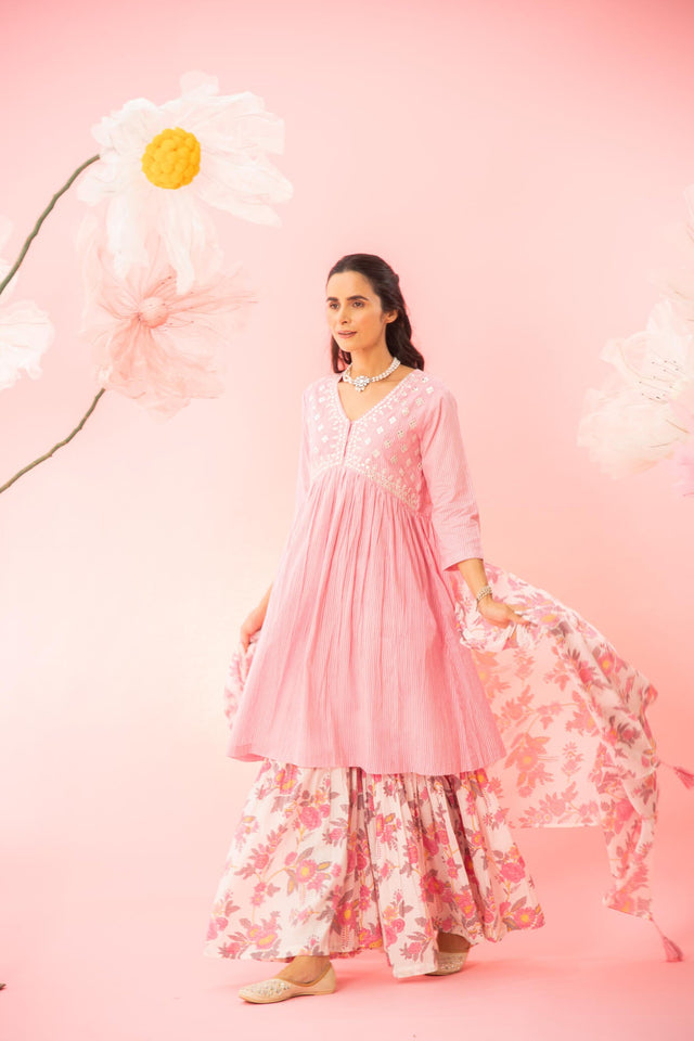 Pastel Pink Cotton Kurta Sharara Dupatta Set