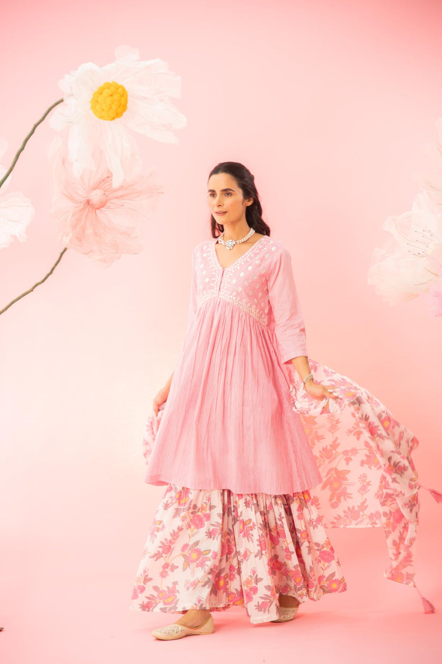 Pastel Pink Cotton Kurta Sharara Dupatta Set