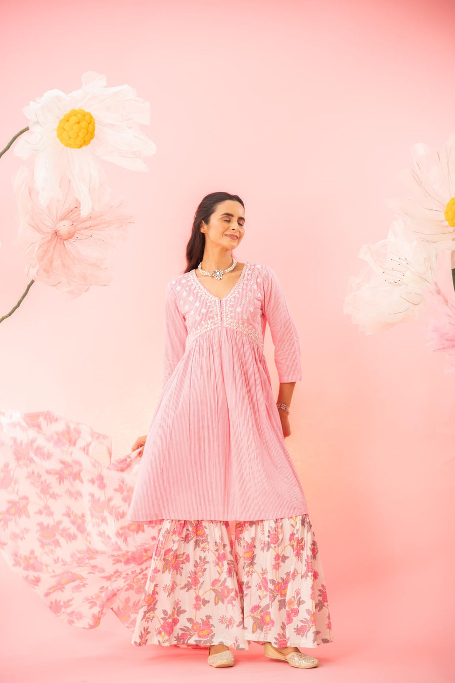 Pastel Pink Cotton Kurta Sharara Dupatta Set