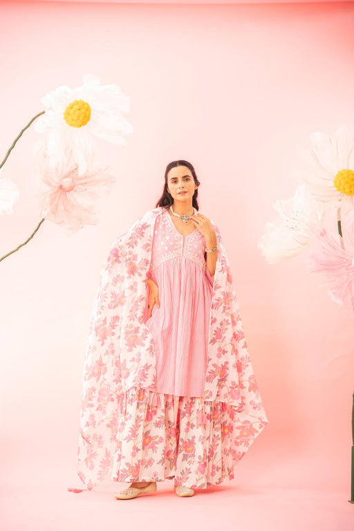 Pastel Pink Cotton Kurta Sharara Dupatta Set