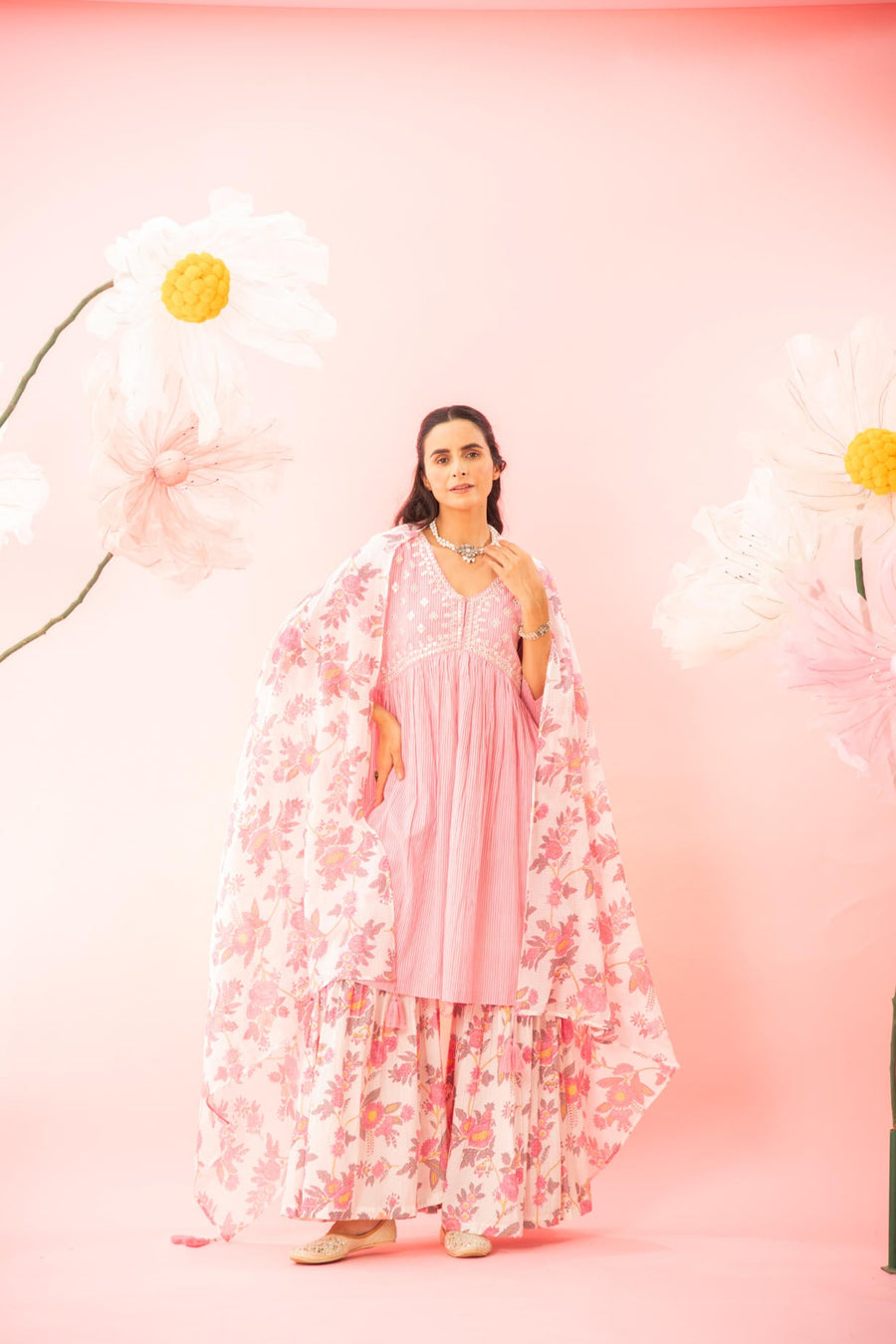 Pastel Pink Cotton Kurta Sharara Dupatta Set