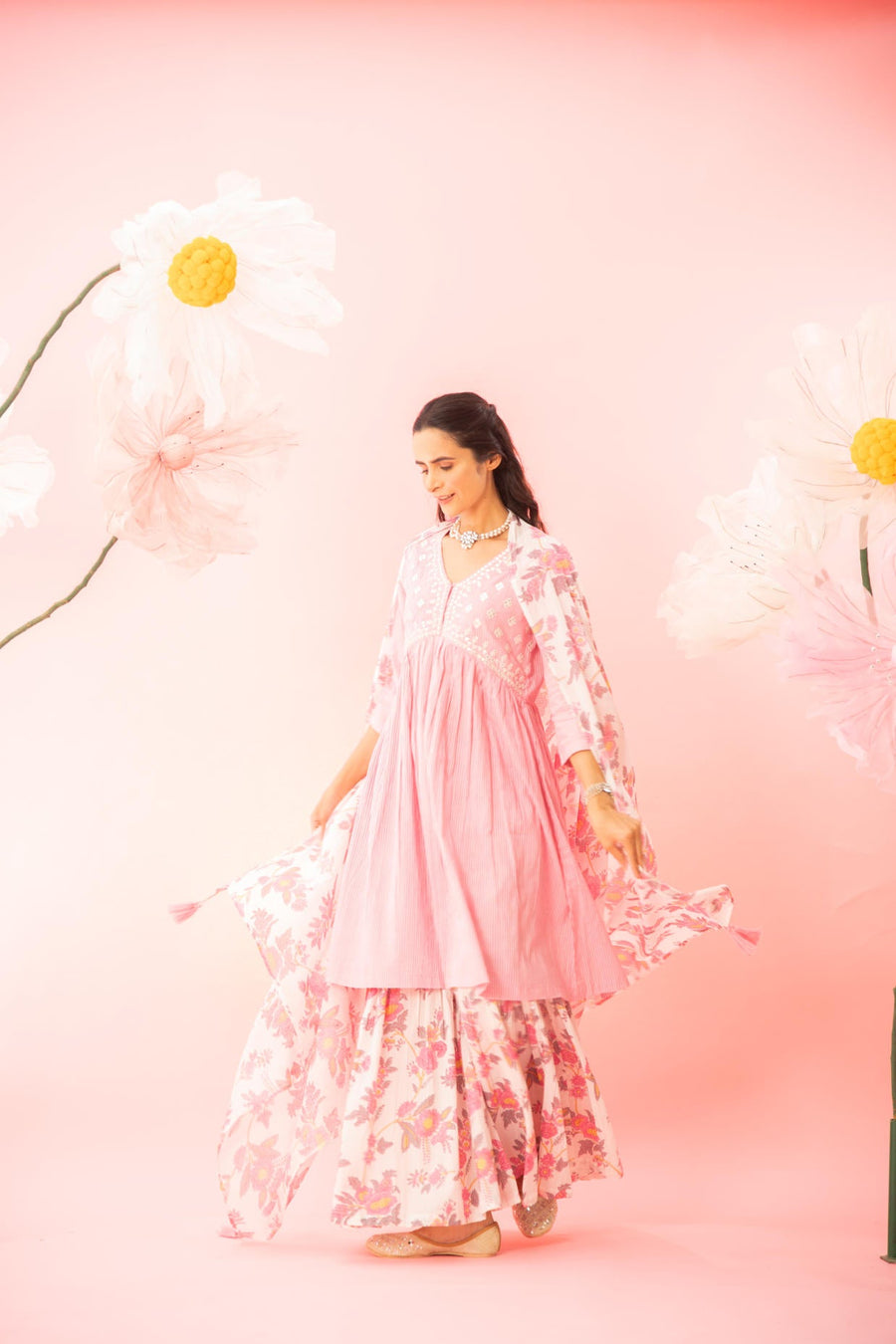 Pastel Pink Cotton Kurta Sharara Dupatta Set